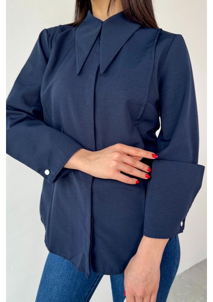GML-13258 Lacivert Sivri Yaka Gizli Düğmeli Biyeli Gömlek