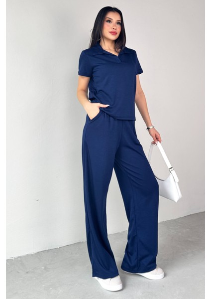 TKM-03690 Ekru Polo Yaka Bluz Salaş Pantolon Ikili Takım