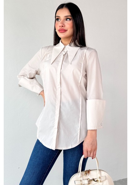 GML-13258 Lacivert Sivri Yaka Gizli Düğmeli Biyeli Gömlek