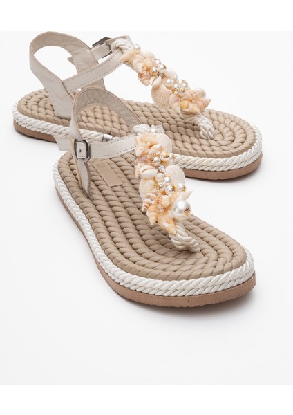Lely Bej Deniz Kabuklu Deri Kadın Parmak Arası Sandalet