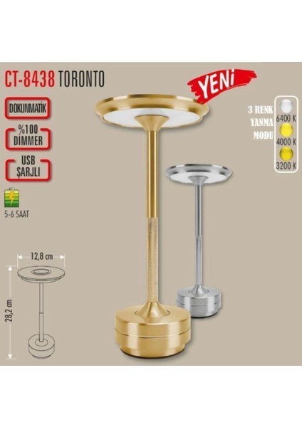 CT-8438 Toronto Gümüş Şarjlı Masa Lambası Aydınlatma Dokunmatik Dimmer 3 Farkli Renk Ayari Işık Lamba Ofis Çalışma