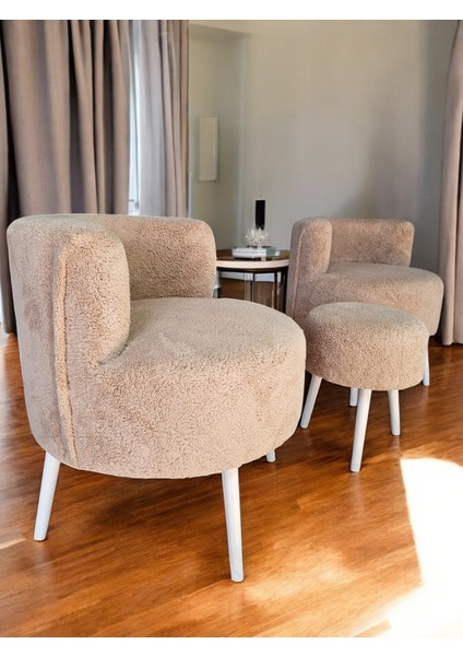Nova Teddy Iki Berjer ve Puf Takımı, Çay Seti Berjer Takımı 3'lü Set, Salon Balkon Ofis Seti, Renk Seçenekli