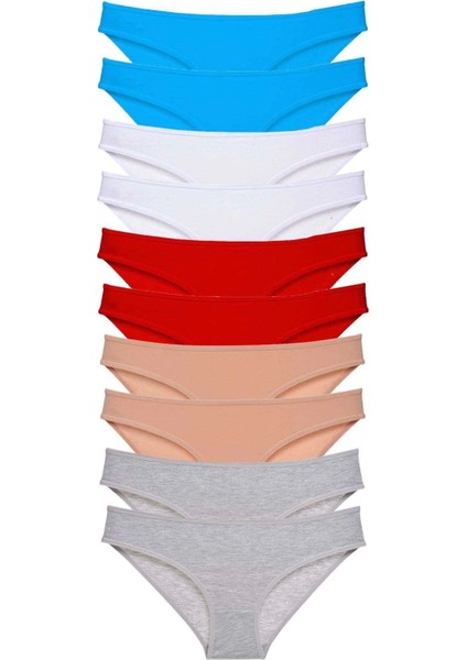 10 Adet Süper Eko Set Likralı Kadın Slip Kırmızı Ten Gri Beyaz Mavi