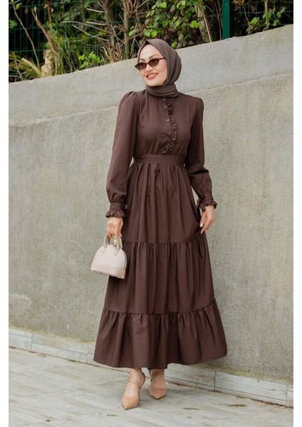 Pins Fırfırlı Pamuk Cotton Elbise-Kahve