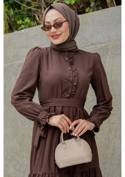 Pins Fırfırlı Pamuk Cotton Elbise-Kahve fiyatları