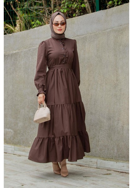 Pins Fırfırlı Pamuk Cotton Elbise-Kahve modelleri