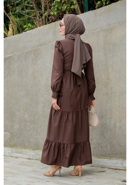 Pins Fırfırlı Pamuk Cotton Elbise-Kahve fırsatları