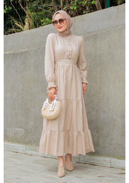 Pins Fırfırlı Pamuk Cotton Elbise-Bej fırsatları