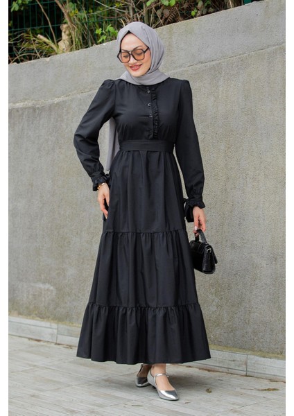 Pins Fırfırlı Pamuk Cotton Elbise-Siyah