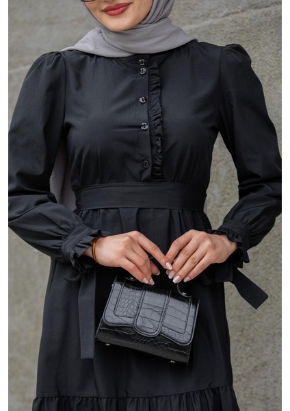 Pins Fırfırlı Pamuk Cotton Elbise-Siyah fiyatları