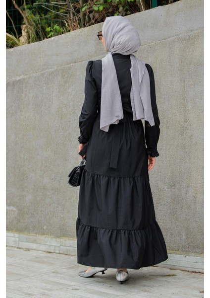 Pins Fırfırlı Pamuk Cotton Elbise-Siyah fırsatları