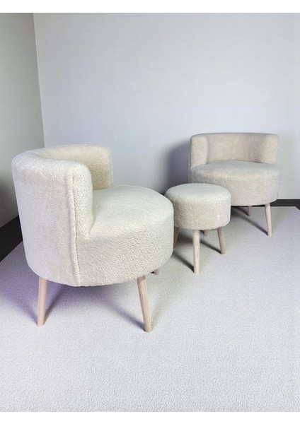 Nova Teddy Iki Berjer ve Puf Takımı, Çay Seti Berjer Takımı 3'lü Set, Salon Balkon Ofis Seti, Renk Seçenekli