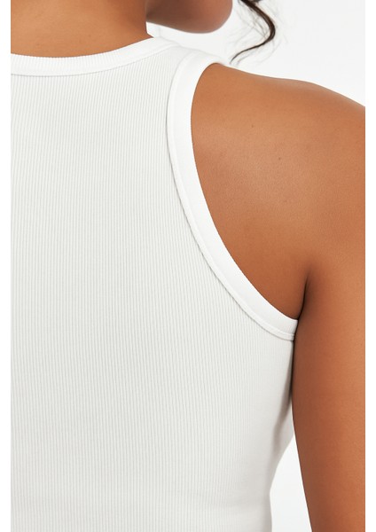 Kadın Beyaz Fitilli Görünümlü Askılı Kalın Esnek Örme Basic Crop Atlet Bluz