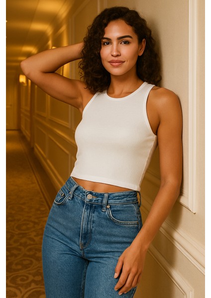 Kadın Beyaz Fitilli Görünümlü Askılı Kalın Esnek Örme Basic Crop Atlet Bluz