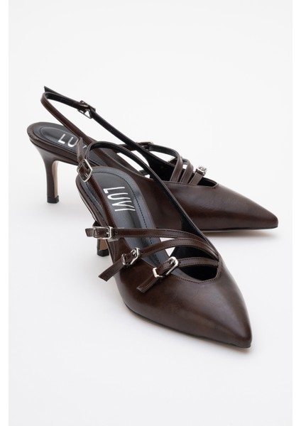 Magra Kahverengi Cilt Sivri Burun Arkası Açık Ince Topuklu Kadın Ayakkabı