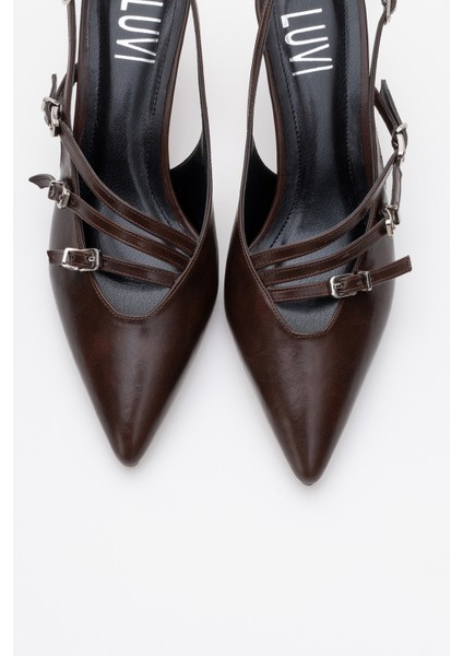 Magra Kahverengi Cilt Sivri Burun Arkası Açık Ince Topuklu Kadın Ayakkabı fiyatları