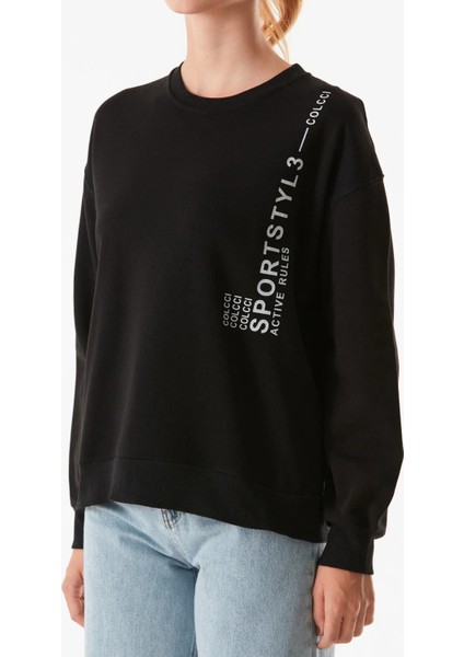 Yazı Baskılı Bisiklet Yaka Sweatshirt