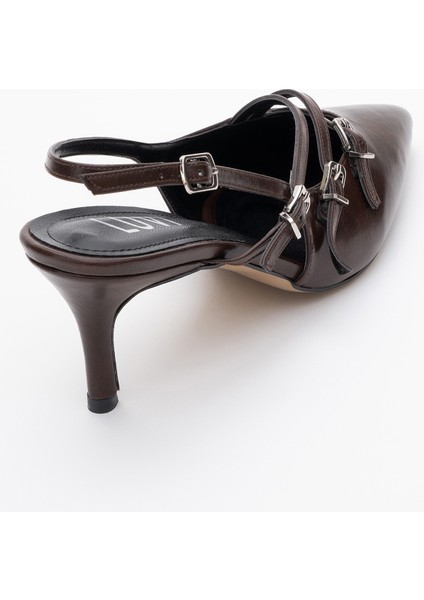 Magra Kahverengi Cilt Sivri Burun Arkası Açık Ince Topuklu Kadın Ayakkabı indirimleri