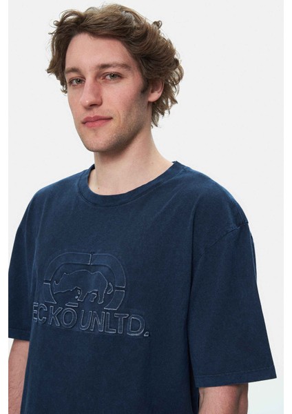 Rochester Lacivert Bisiklet Yaka Baskılı Standard Fit Erkek Tshirt