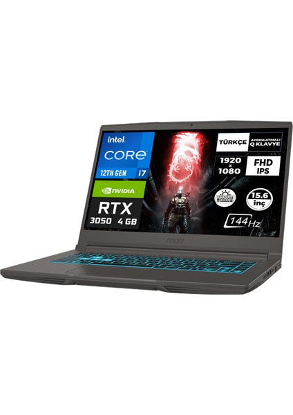 Msı Thın 15 I7-12650H 64GB 512GB SSD 4 GB RTX3050 144Hz 15.6" Fdos Gaming Laptop B12UC-1479XTR 003