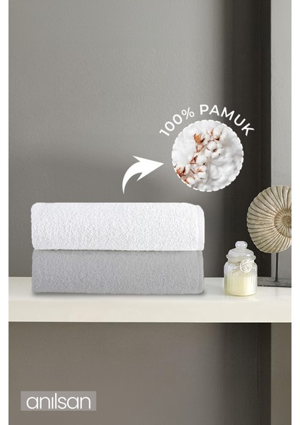 2'li Gri-Beyaz El Havlusu - 50 x 90 cm , 225 Gr, Pamuk, Spa ve Otel Havlusu