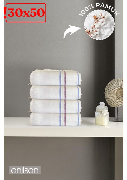4'lü Beyaz Çizgili Düğün Havlusu 62GR Pamuk 30 x 50 cm El ve Yüz Havlusu