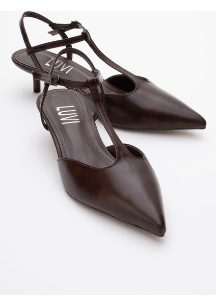 Asher Kahverengi Cilt Sivri Burun Arkası Açık Kadın Kısa Topuklu Ayakkabı