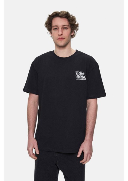 Muırıs Siyah Bisiklet Yaka Baskılı Oversize Erkek Tshirt