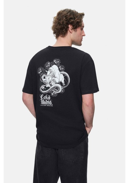 Muırıs Siyah Bisiklet Yaka Baskılı Oversize Erkek Tshirt fırsatları