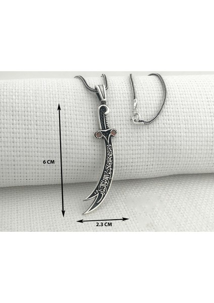 925 Ayar Gümüş Kırmızı Taşlı La Feta Illa Ali La Seyfe Illa Zülfikar Yazılı Gümüş Kolye modelleri