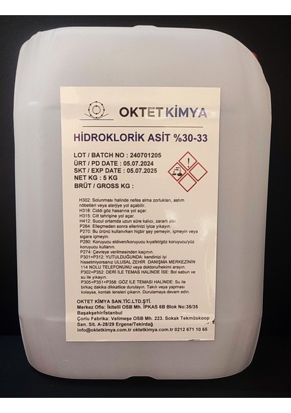 Hidroklorik Asit %30-33 Ham Tuz Ruhu 5kg