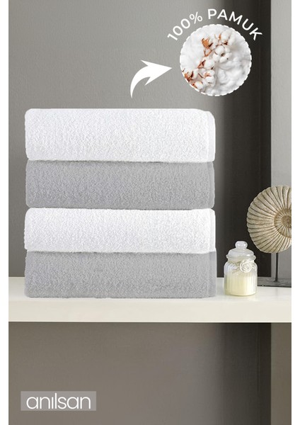 4'lü Gri-Beyaz El Havlusu - 50 x 90 cm , 225 Gr, Pamuk, Spa ve Otel Havlusu