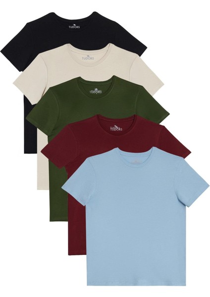 Unisex 5'li Paket Lacivert-Taş-Haki-Bordo-A.mavi Slim Fit Dar Kesim %100 Pamuk Bisiklet Yaka Tişört