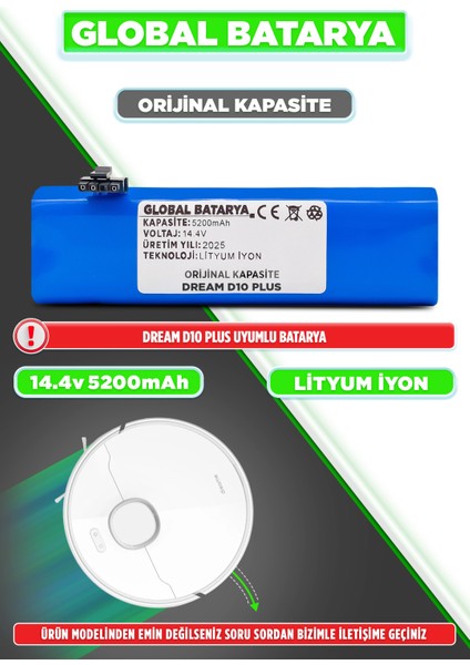 Dreame D10 Plus Robot Süpürge Bataryası 14.4V 5200MAH Li-Ion Pil (Orijinal Kapasite)