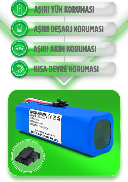 Dreame D10 Plus Robot Süpürge Bataryası 14.4V 5200MAH Li-Ion Pil (Orijinal Kapasite)