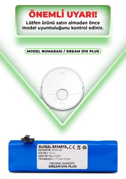 Dreame D10 Plus Robot Süpürge Bataryası 14.4V 5200MAH Li-Ion Pil (Orijinal Kapasite)