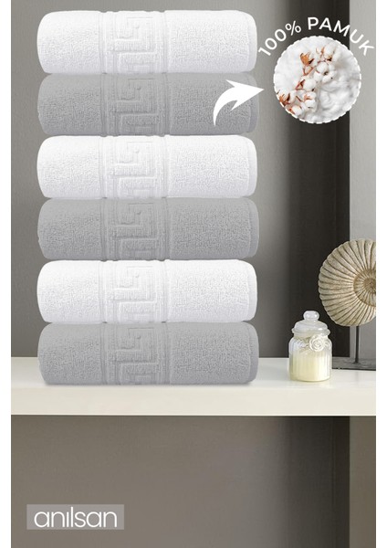 6'lı Greek Gri-Beyaz Banyo Havlusu - 70x140 Cm, 490 Gr, %100pamuk, Spa Ve Otel Havlusu