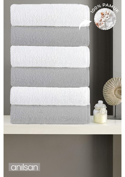 6'lı Gri-Beyaz El Havlusu - 50 x 90 cm , 225 Gr, Pamuk, Spa ve Otel Havlusu