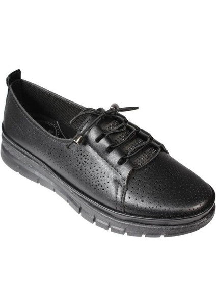 Yazkış Kadın Siyah Krem Cilt Delikli Dil Kısmı Taşlı Üzeri Lastik Bağcık Comfort Taban Ayakkabı