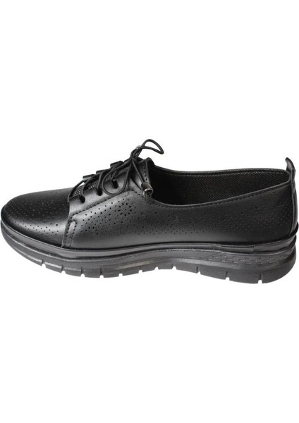 Yazkış Kadın Siyah Krem Cilt Delikli Dil Kısmı Taşlı Üzeri Lastik Bağcık Comfort Taban Ayakkabı modelleri