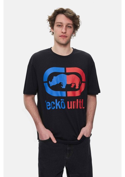 Foster Siyah Bisiklet Yaka Baskılı Oversize Erkek Tshirt