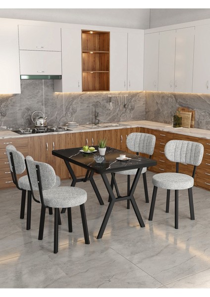 Azra 70 x 110 cm Bendir Mutfak Masası, Mutfak Masası Takımı, Yemek Masası, 4 Açık Gri Sandalye