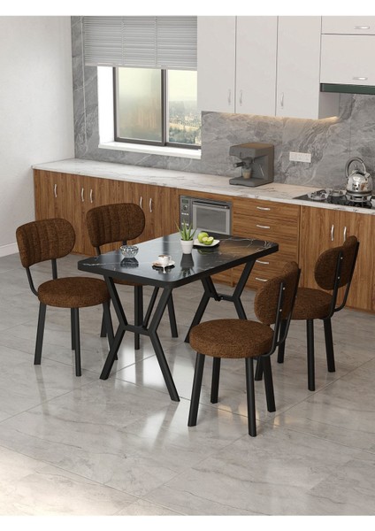 Azra 70 x 110 cm Bendir Mutfak Masası, Mutfak Masası Takımı, Yemek Masası, 4 Kahverengi Sandalye