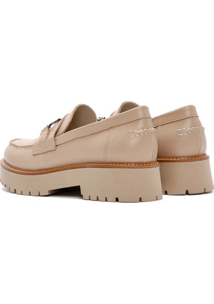 Kadın Bej Kalın Tabanlı Deri Maskülen Loafer