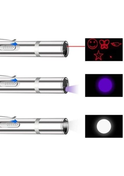 USB Ile Şarj Edilebilen 3ın 1 Kırmızı Işık +Beyaz LED Meşale Işık + Uv El Feneri Kedi Lazeri 1 Adet