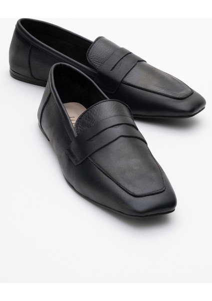 Morne Siyah Cilt Deri Kadın Loafer Ayakkabı