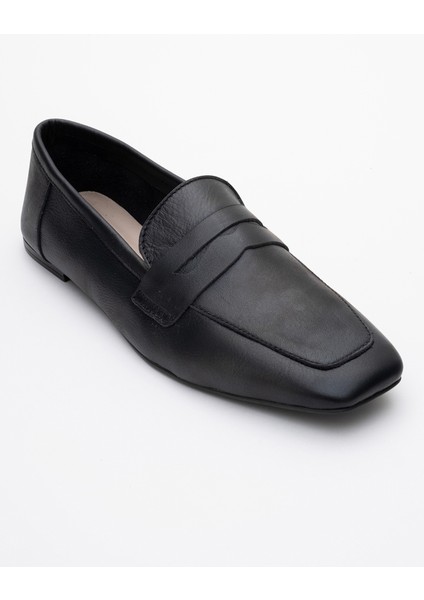 Morne Siyah Cilt Deri Kadın Loafer Ayakkabı