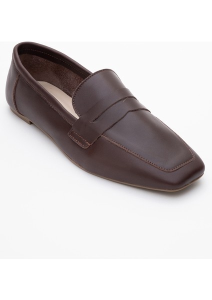 Morne Kahverengi Cilt Deri Kadın Loafer Ayakkabı