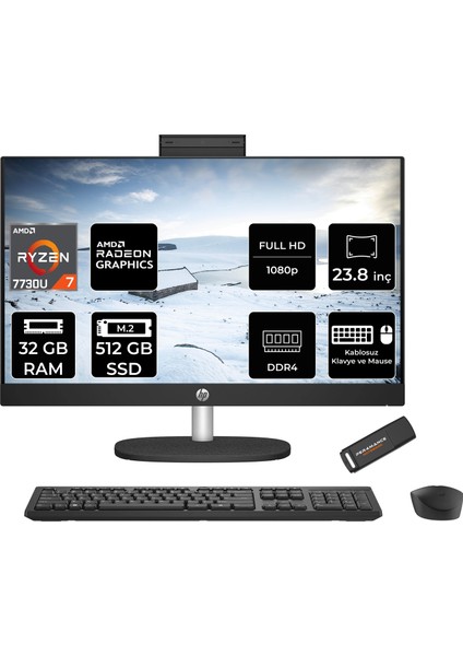 24 Amd Ryzen 7 7730U 32GB 512GB SSD 23.8" Fhd Fdos All In One Bilgisayar & Per4 USB Bellek All-in-One Bilgisayar 80N41EAPN327