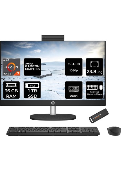 24 Amd Ryzen 7 7730U 36GB 1tb SSD 23.8" Fhd Fdos All In One Bilgisayar & Per4 USB Bellek All-in-One Bilgisayar 80N41EAPN333